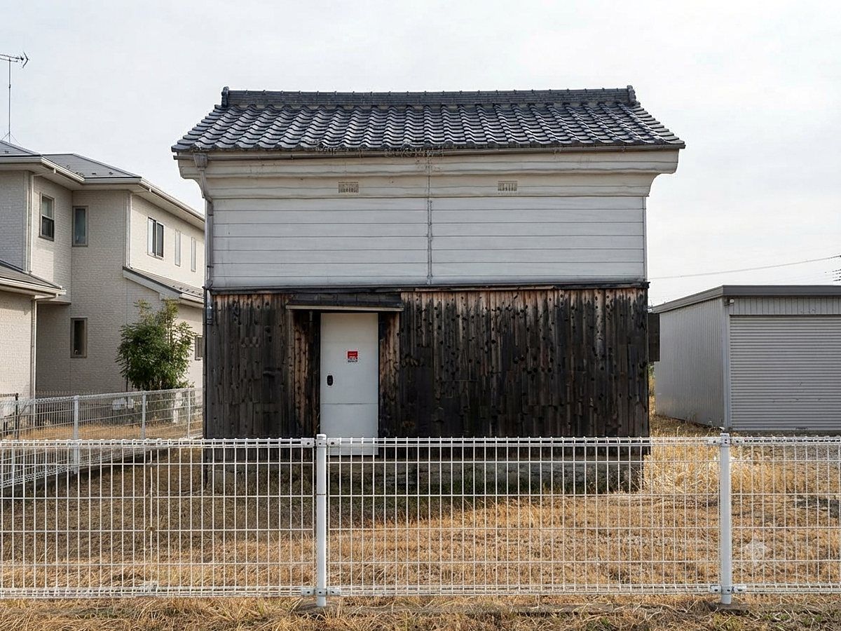 改装前の蔵。白い漆喰壁と焼杉板の外観